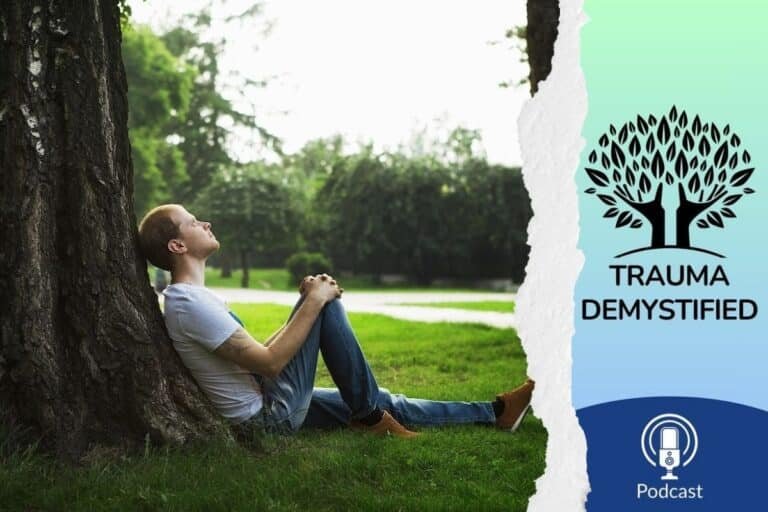 A man leans quietly against a tree, eyes closed, grounded in stillness. The gentle light filtering through the leaves evokes a sense of calm and reflection. This image captures the essence of the podcast episode “How to Create Safety After Childhood Trauma”—a journey of returning to inner calm, reconnecting with the body, and discovering what safety can feel like after trauma. Just as the tree offers steady support, healing asks us to root ourselves in care, presence, and patience.