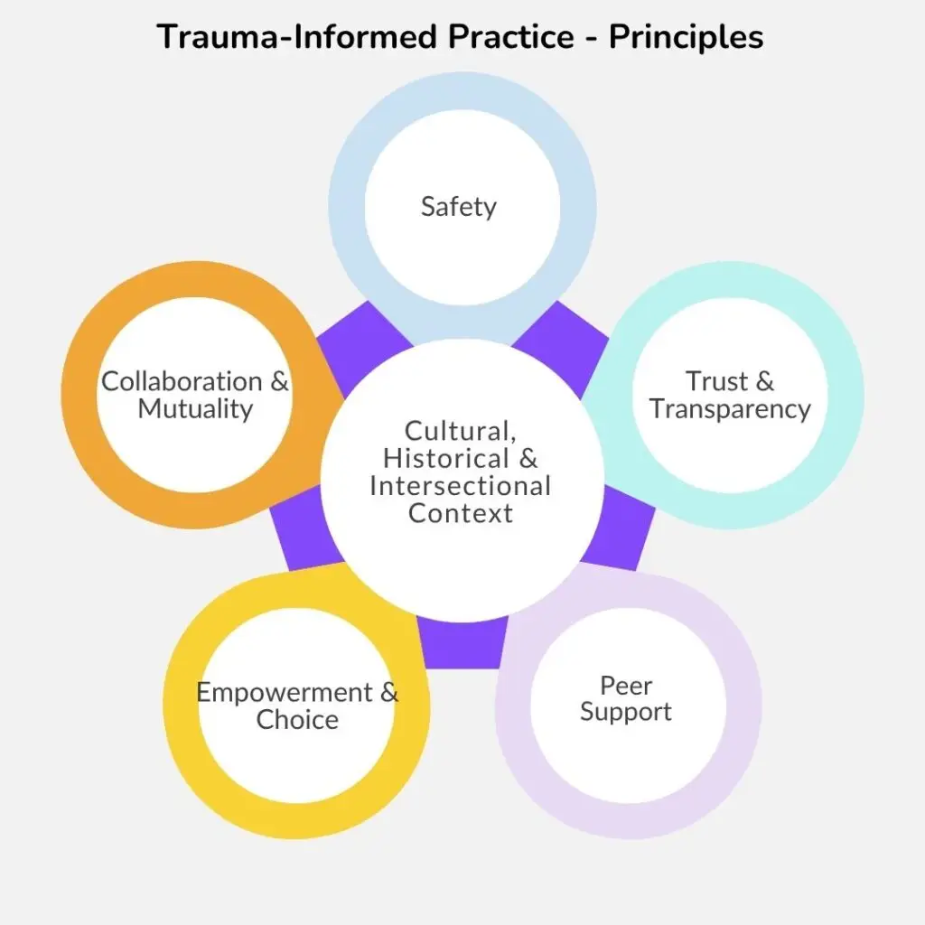 Diagram illustrating the six core principles of trauma-informed practice. A large inner circle represents Cultural, Historical, and Intersectional Awareness, surrounding five outer segments: Safety, Trustworthiness and Transparency, Peer Support, Collaboration and Mutuality, and Empowerment and Choice.