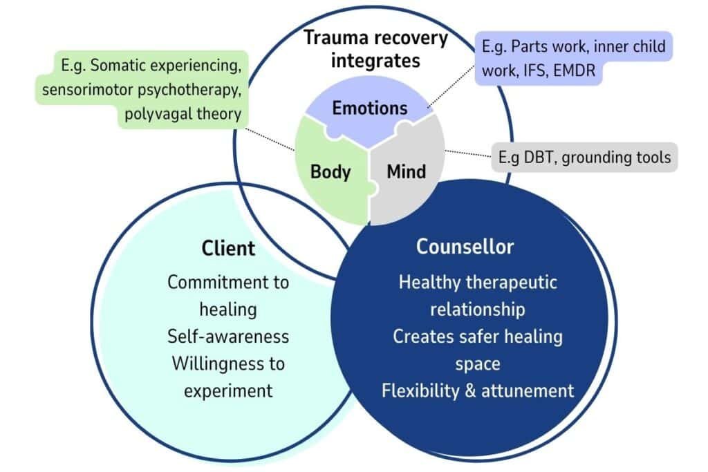 Three-circle framework for complex trauma recovery: 'You' (commitment, self-awareness, experimentation), 'Counsellor' (healthy relationship, safe space, flexibility), and 'Trauma Recovery' (body, mind, emotions integrated and connected to modalities like EMDR, somatic therapy, and parts work)