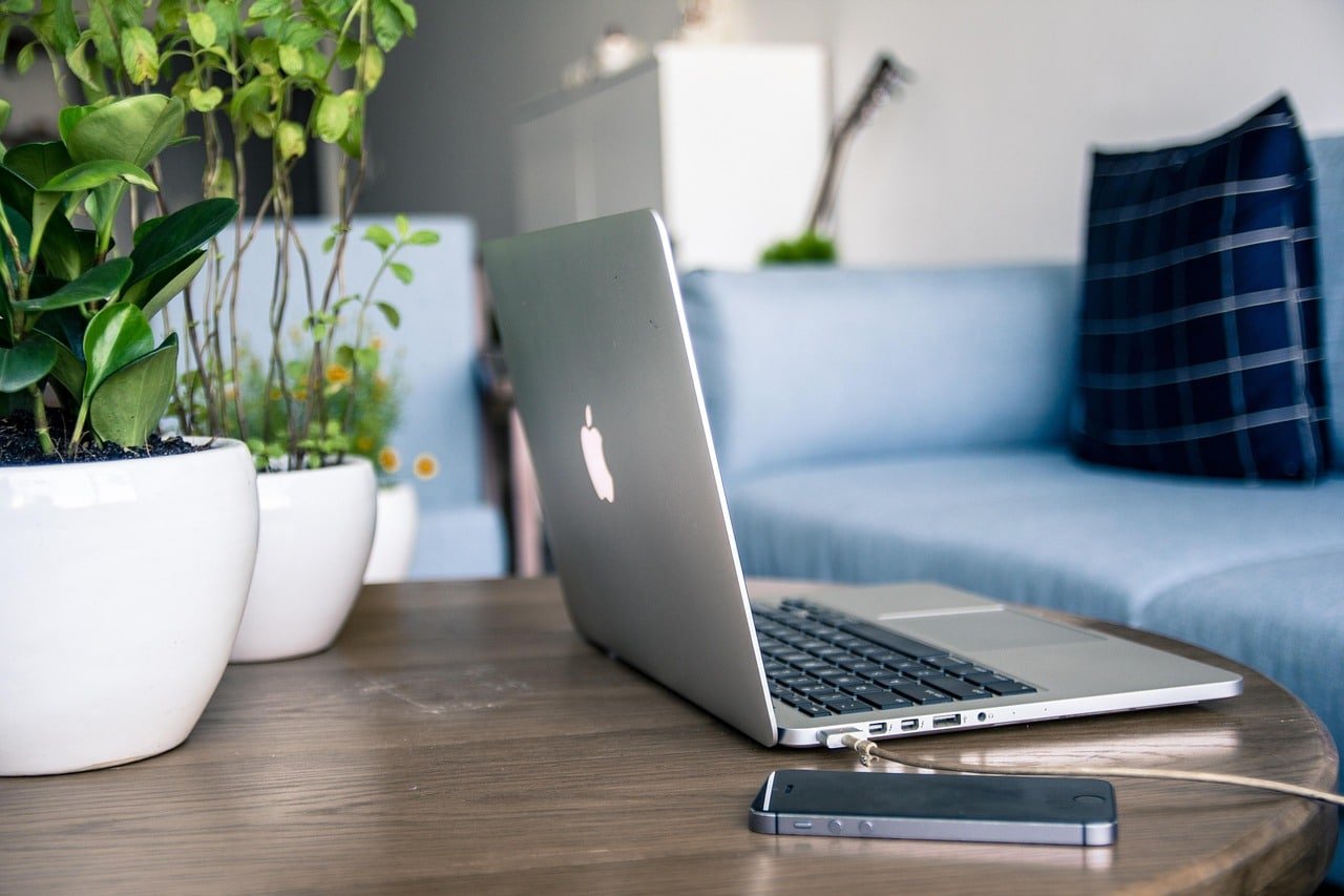 Laptop on table with two plants, representing affordable trauma counselling Canada.